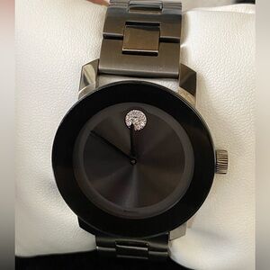 Movado Bold Black Ceramic Crystal Dot Motif StainlessSteel Deployment Band Watch